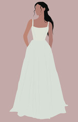 Fototapeta premium Girl in a long white dress. Vector flat illustration. Charming lady in a wedding dress. Design for cards, posters, backgrounds, templates, postcards, avatars, textiles.
