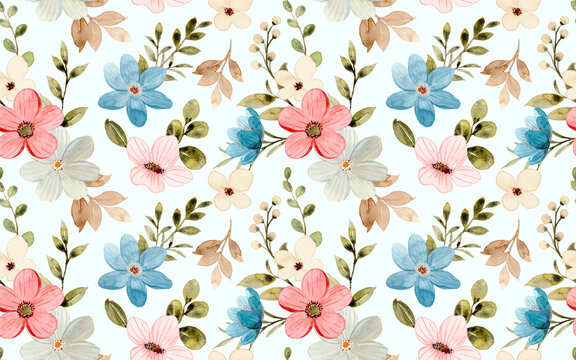 Seamless pattern of colorful watercolor wildflowers