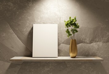Book presentation template on a wooden shelf next to home plant. Spotlight from from a top. 3D rendering.