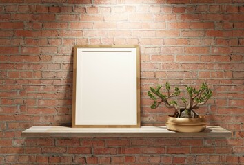 Frame template on a brick wall background. Wooden shelf with a bonsai tree. Canvas for lettering. 3D rendering.