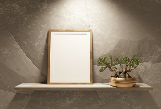 Empty poster template on a shelf with stone wall background. Bonsai tree on the shelf. Frame template for pictures and lettering. 3D rendering.