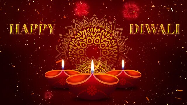Happy Diwali Greeting Card text Reveal from Golden Firework on Shiny Magic Particles Background. Celebration, Wishes, Message, holiday. Festival of lights pooja. without text version included