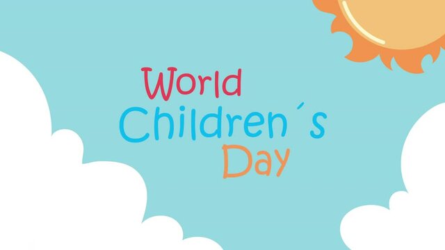 world childrens day lettering with sun and clouds
