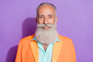 Photo of old charming cheerful man wear beard smile good mood enjoy isolated on purple violet color background