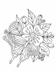 Big butterfly, bouquet, flowers, spring, field, butterfly on flowers. Black and white vector illustration, coloring book.