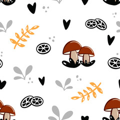 Vector seamless pattern with autumn cartoon leaves and mushrooms.