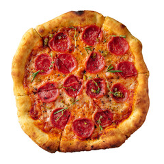 Isolated fresh pepperoni pizza with salami on white background