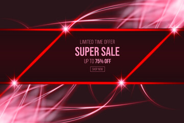 Red super sale discount banner with shiny glow effect for advertisement business. can use for poster, business banner, flyer, advertisement, brochure, catalog, web, site, website, presentation
