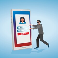 Identity, log in theft. Online crime. Disguised man steeling username and password. Vector illustration. EPS10.
