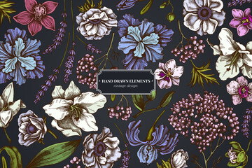 Floral design on dark background with anemone, lavender, rosemary everlasting, phalaenopsis, lily, iris
