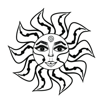sun with face contour vintage drawing vector hand drawn illustration