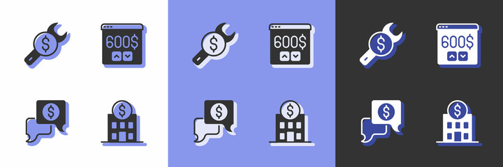 Set Bank building, Repair price, Business negotiations and Monitor with dollar icon. Vector