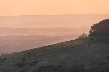 Beautiful vibrant late Summer sunrise on South Downs National Park in English countryisde with sunlight on hills