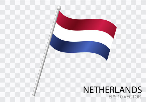Flag of NETHERLANDS with flag pole waving in wind.Vector illustration