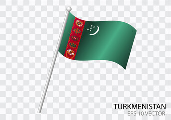Flag of turkmenistan with flag pole waving in wind.Vector illustration