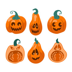 Pumpkin, jack lantern set for Halloween. Vector cute illustration in cartoon style. Witches, magic. Funny, frightening emotions. Autumn vegetables. For stickers, posters, postcards, design elements.