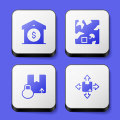 Set Warehouse price, Broken cardboard box, Carton and icon. White square button. Vector