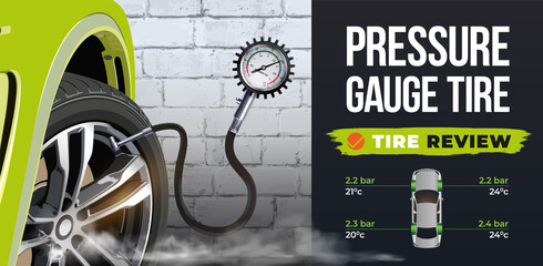 The pressure gauge measures the pressure in the tire. Tire overview poster. Check the tire pressure of the vehicle. Inflating the tires car and checking air pressure. Mechanic checking. 