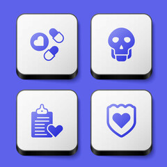 Set Medicine pill or tablet, Skull, Patient record and Immune system icon. White square button. Vector