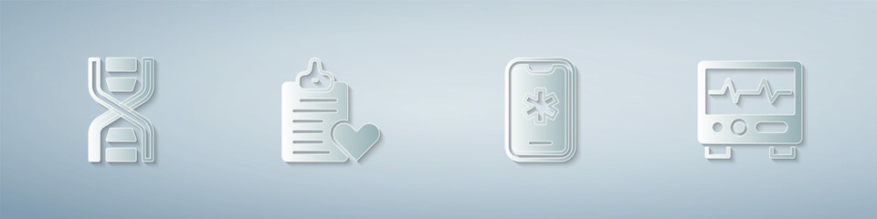 Set DNA symbol, Patient record, Emergency call 911 and Monitor with cardiogram. Paper art style. Vector