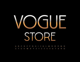 Vector stylish emblem Vogue Store. Elegant Golden Font. Luxury style Alphabet Letters and Numbers set
