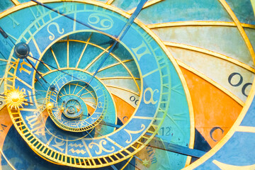 Droste effect background based on Prague astronomical clock. Abstract design for concepts related to astrology and fantasy.