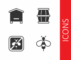 Set Bee, Hive for bees, Stop and Wooden barrel with honey icon. Vector