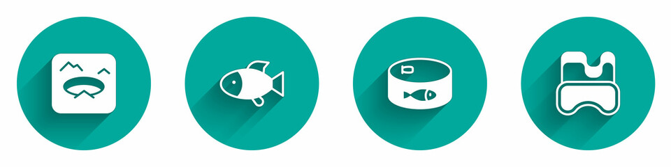 Set Winter fishing, Fish, Canned and Diving mask icon with long shadow. Vector