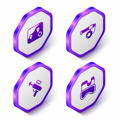 Set Isometric Location fishing, Fishing rod, harpoon and Diving mask icon. Purple hexagon button. Vector