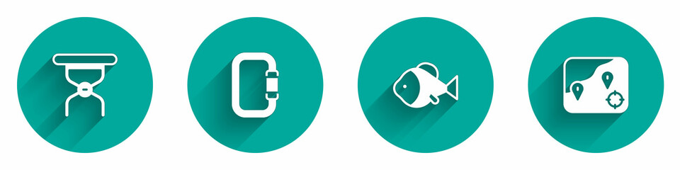 Obraz premium Set Camping folding chair, Carabiner, Fish and Location fishing icon with long shadow. Vector