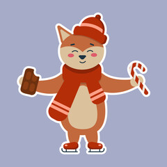 Cute red fox on skates in a red hat and scarf, with sweets in his hands
