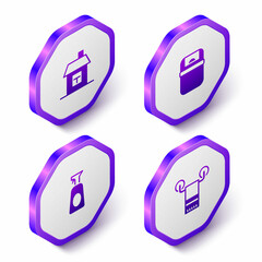 Set Isometric House, Trash can, Cleaning spray with detergent and Towel on hanger icon. Purple hexagon button. Vector