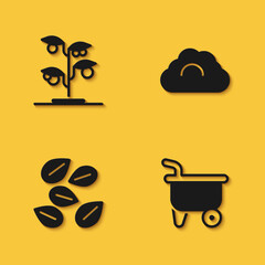 Set Sprout, Wheelbarrow, Seeds of specific plant and Cloudy weather icon with long shadow. Vector