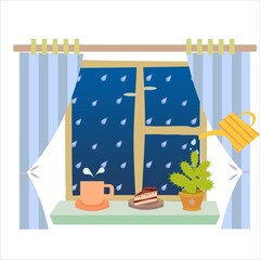 vector image of a succulent with a watering can, a cup and a cake on a windowsill. Image of cozy rany evening spent at home  with a view on a rain.  - obrazy, fototapety, plakaty