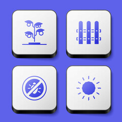 Set Sprout, Garden fence wooden, Stop colorado beetle and Sun icon. White square button. Vector