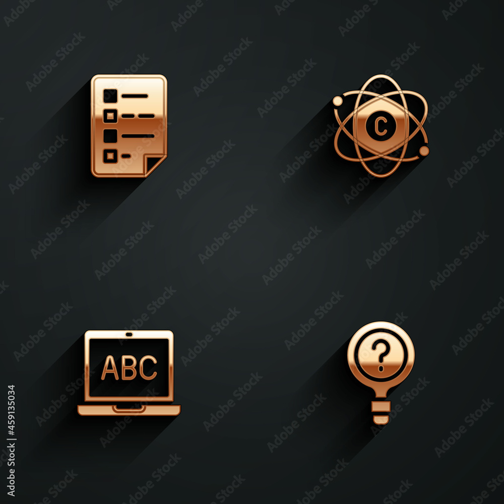 Poster set clipboard with checklist, atom, laptop and unknown search icon with long shadow. vector