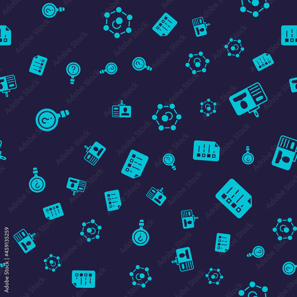 Poster set unknown search, identification badge, molecule and clipboard with checklist on seamless pattern.
