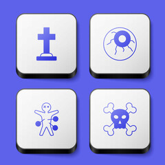 Obraz premium Set Tombstone with cross, Eye, Voodoo doll and Skull crossbones icon. White square button. Vector