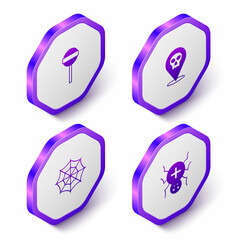 Set Isometric Lollipop, Skull, Spider web and icon. Purple hexagon button. Vector
