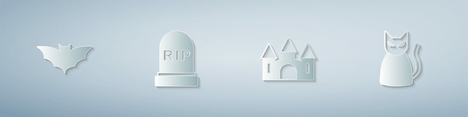 Set Flying bat, Tombstone with RIP written, Castle and Black cat. Paper art style. Vector