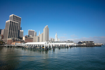 Fototapeta na wymiar The San Francisco, California, Skyline form the Public Fishing Pier with Skyscrapers and Cityscape and the Cruise Dock in the Foreground