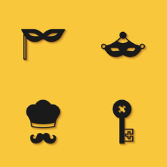 Set Carnival mask, Old key, Italian cook and icon with long shadow. Vector