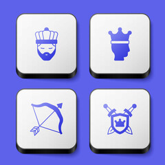 Set King with crown, Medieval bow and arrow and Shield swords icon. White square button. Vector