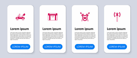 Set Medieval poleaxe, Shield with swords, Antique treasure chest and catapult. Business infographic template. Vector