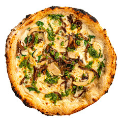 Isolated chicken pizza with mushrooms and pesto sauce