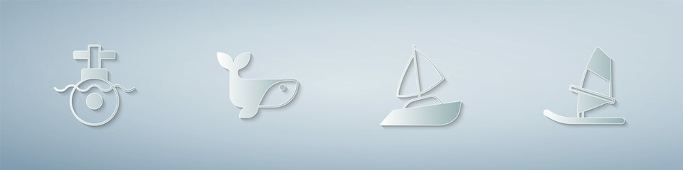 Set Submarine, Whale, Yacht sailboat and Windsurfing. Paper art style. Vector