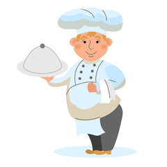 The chef is a full-length chef with a dish in his hand on a white isoliral background. Vector illustration in the style of cartoons