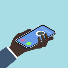 Isometric black hand with smartphone. Phone call. Incoming call. A call from an unknown subscriber. Unknown caller. Contact icon on the screen. Blue background.