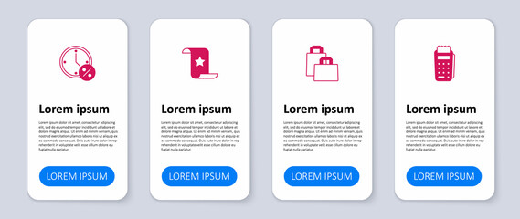 Set POS terminal, Paper shopping bag, check and financial check and Clock percent discount. Business infographic template. Vector
