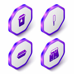 Set Isometric Cup of tea, Knife, Lunch box and Online ordering food icon. Purple hexagon button. Vector